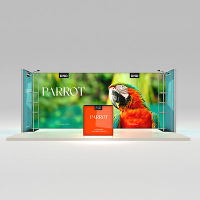 Trade show backdrop and inflatable counter featuring parrot graphic for exhibition displays