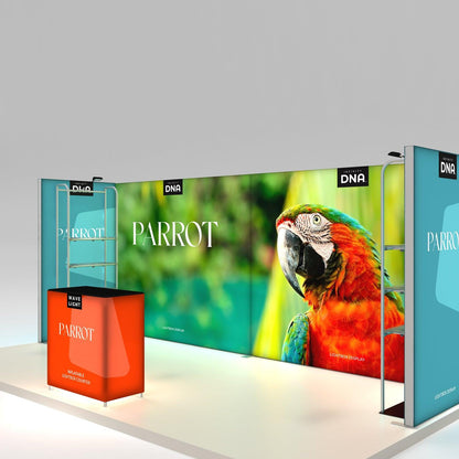 Trade show booth with large parrot graphic lightbox displays and inflatable counter for exhibitions