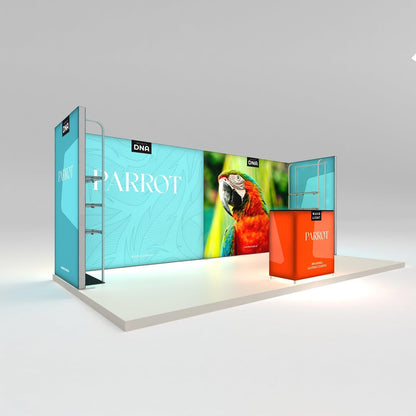 Trade show display featuring a large lightbox backdrop with parrot graphics and an illuminated counter