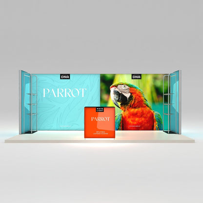Trade show display booth with large parrot graphic and inflatable lightbox counter for exhibitions