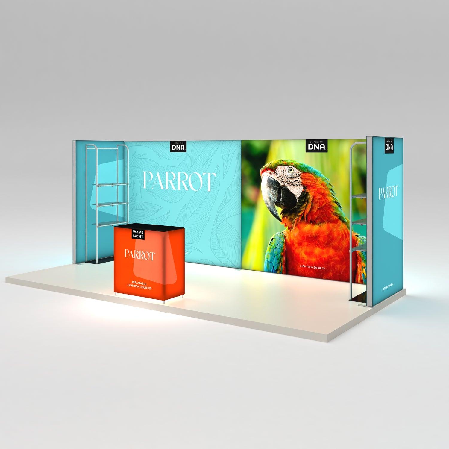 Trade show lightbox display and counter booth featuring parrot branding for exhibitions and events