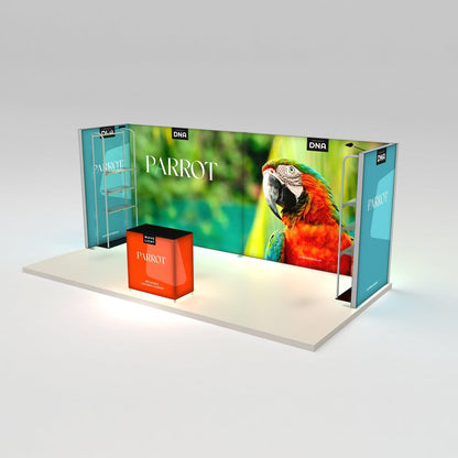 Trade show display with large parrot graphic, lightbox counters, and shelving for exhibitions