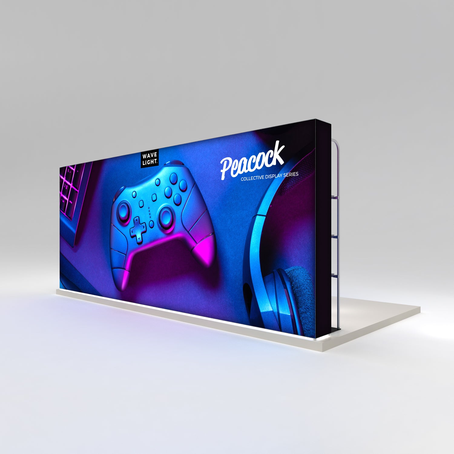 Large illuminated trade show display panel showcasing gaming controller and headset, ideal for exhibitions and events