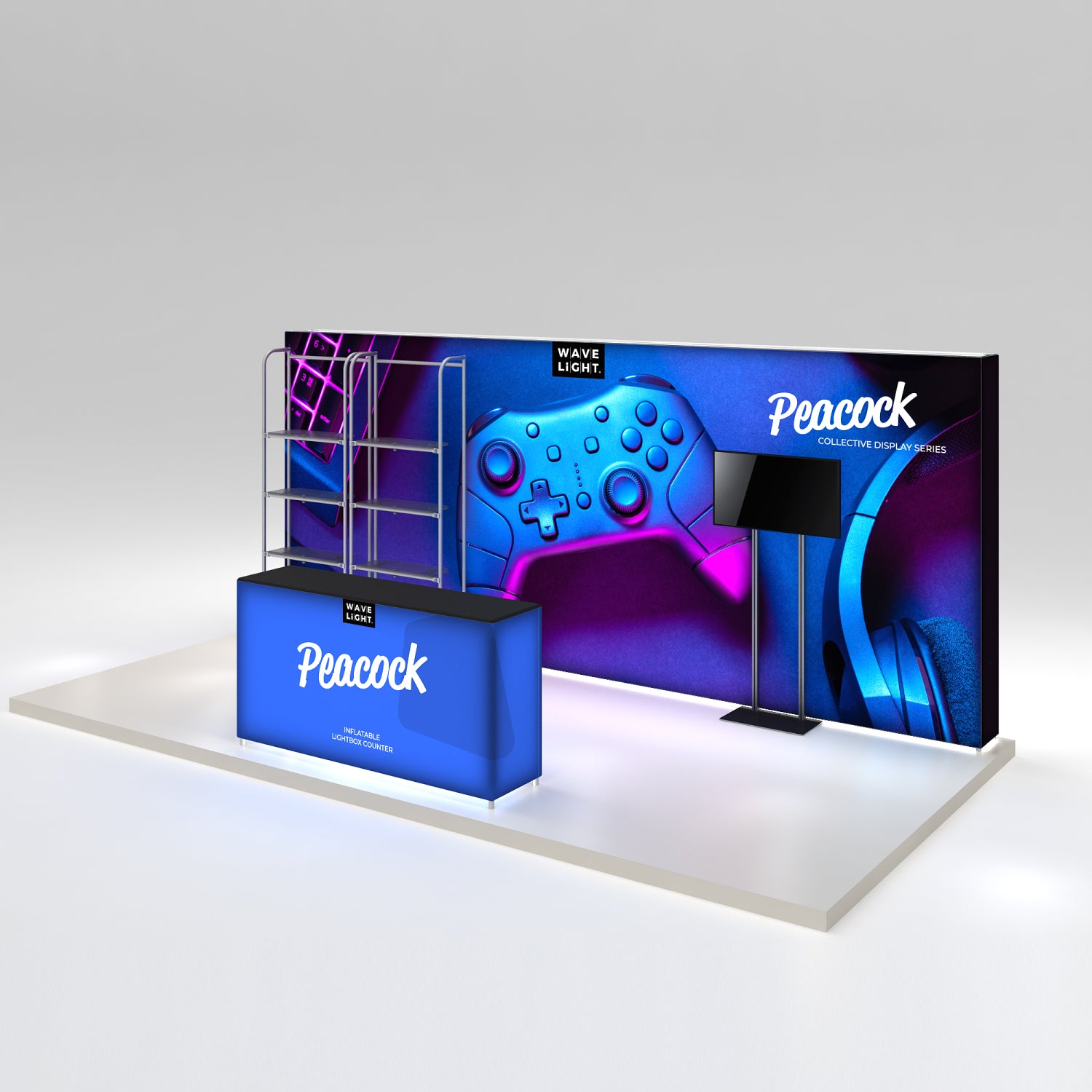 Trade show display with inflatable lightbox counter, shelving unit, and monitor stand