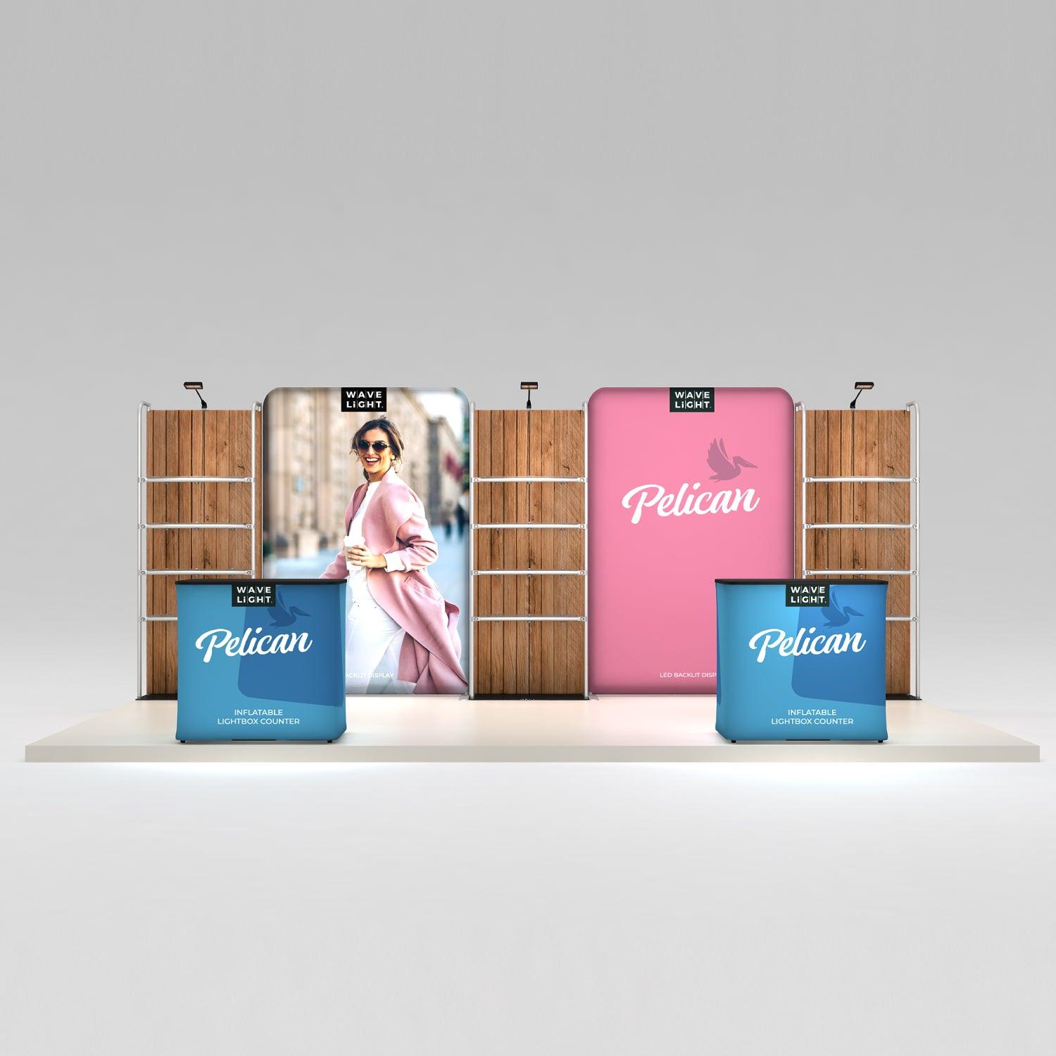 Trade show display with inflatable lightbox counters and LED backlit fabric pop-up banners