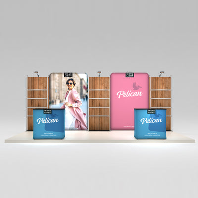 Trade show display with inflatable lightbox counters and LED backlit fabric pop-up banners