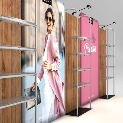 Trade show display with LED backlit graphics and metal shelving for exhibitions and events