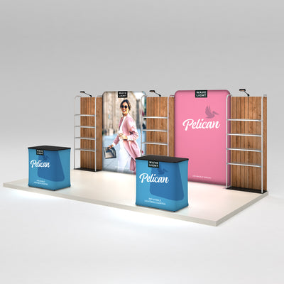 Trade show display with modular backlit panels and inflatable counters for exhibitions and events