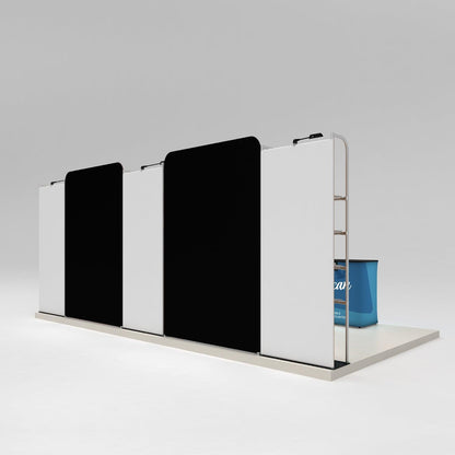 Modular trade show exhibition stand with tall partition panels and portable counter display
