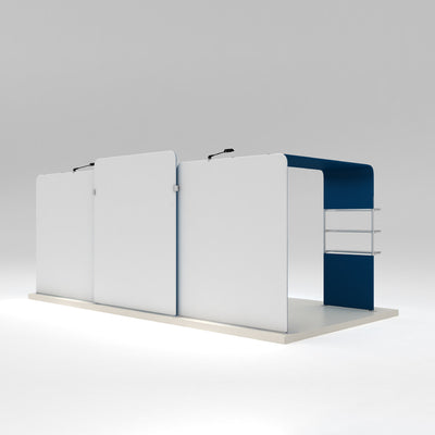 Modular trade show booth with curved panels and shelving for exhibitions and special events