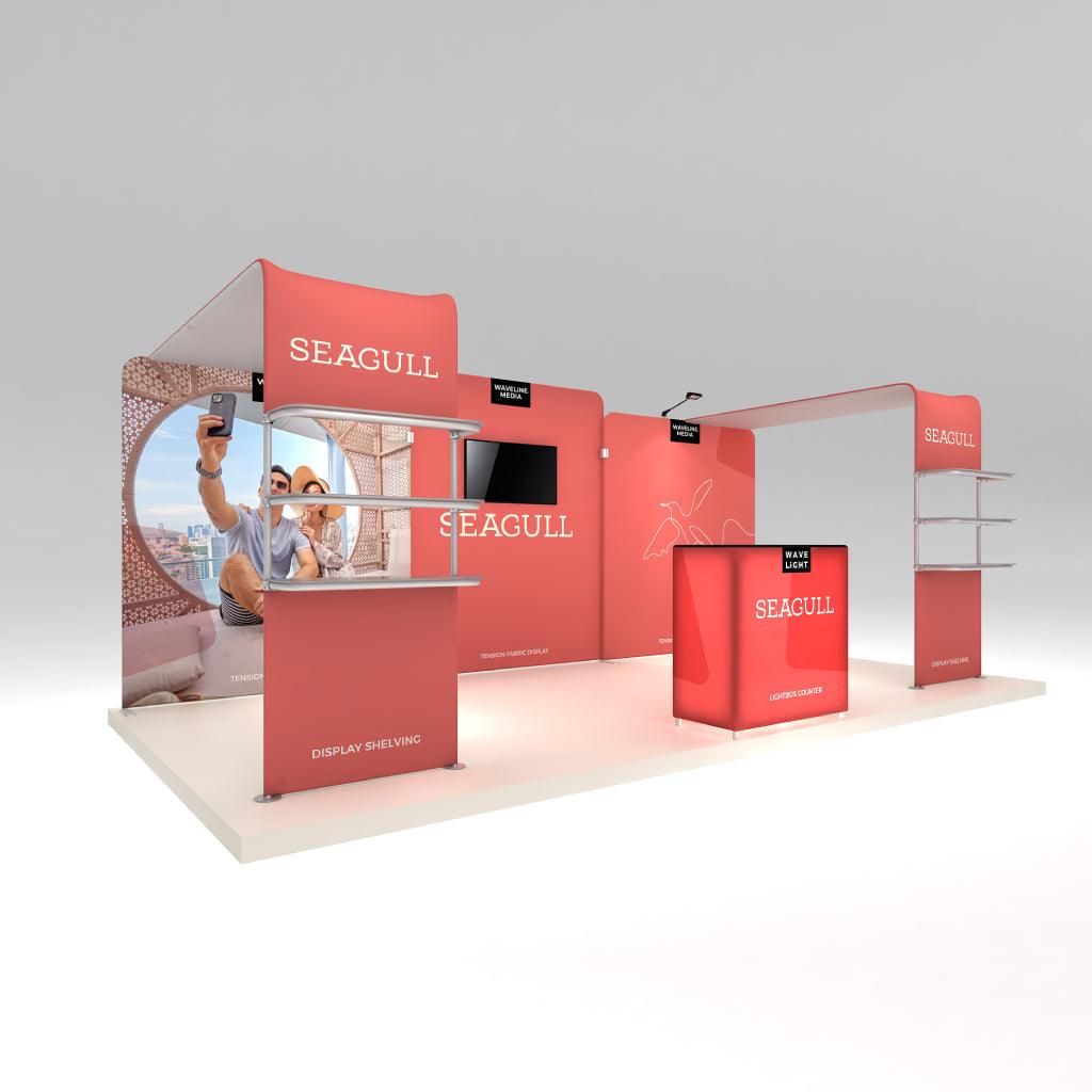 Trade show display including lightbox counter, tension fabric panels, shelving, and monitor for exhibitions