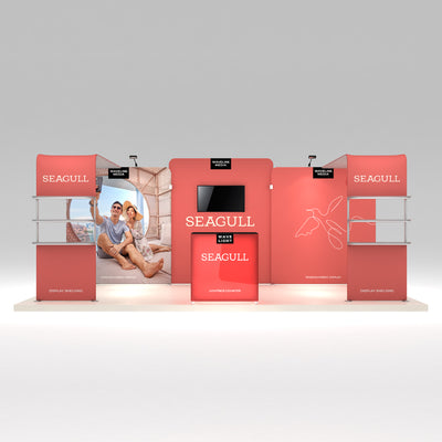 Trade show booth with tension fabric displays, lightbox counter, display shelving, and monitor for exhibitions