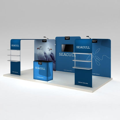 Trade show exhibit with tension fabric display, display shelving, and lightbox counter featuring seagull branding