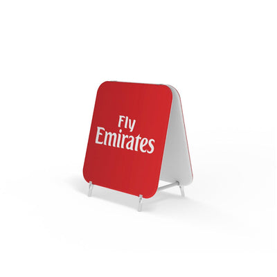Double-sided freestanding trade show display stand with Fly Emirates branding for exhibitions and events