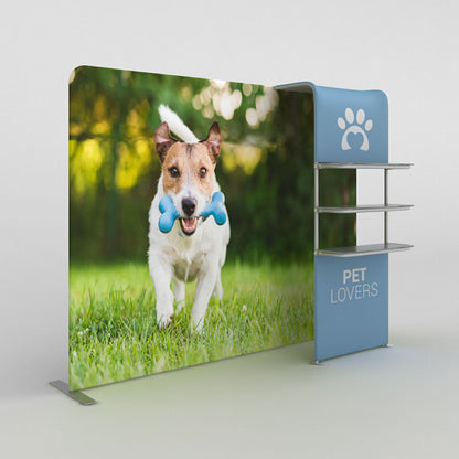 Trade show display featuring running dog with bone toy and shelving unit for pet lovers events