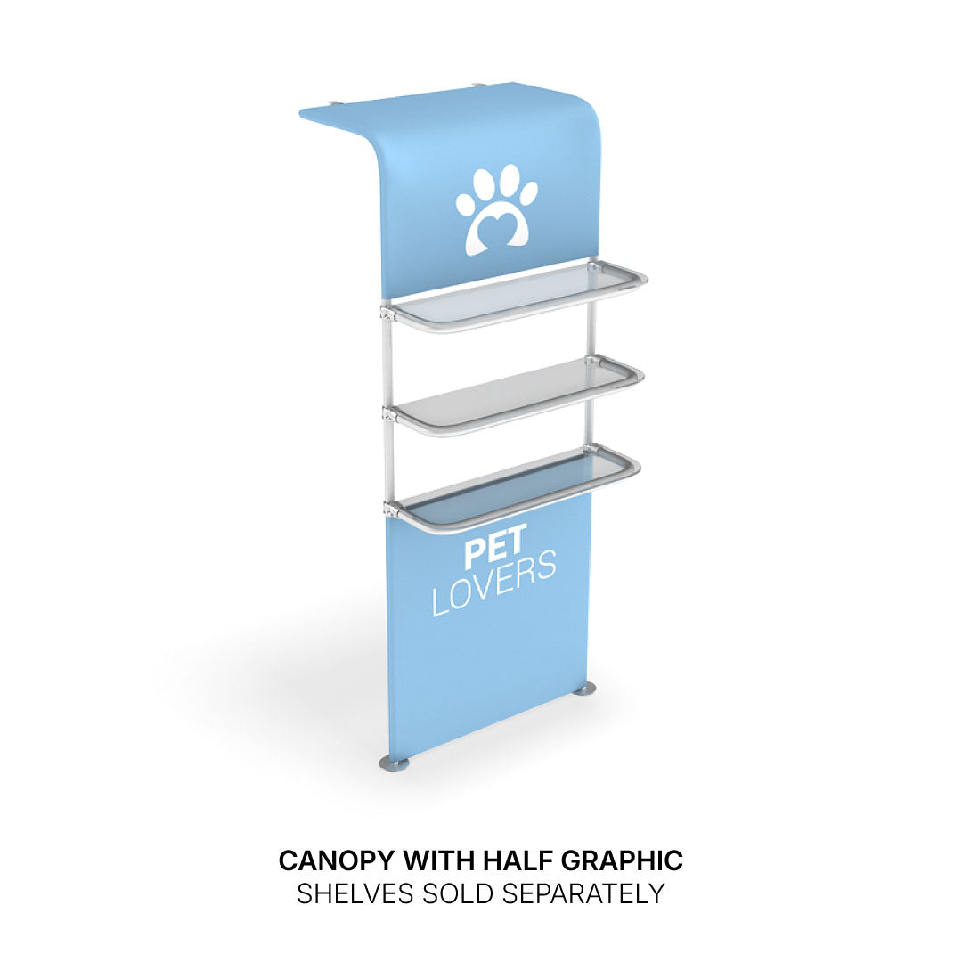Trade show canopy display with pet lovers graphics and three metal shelves for exhibitions