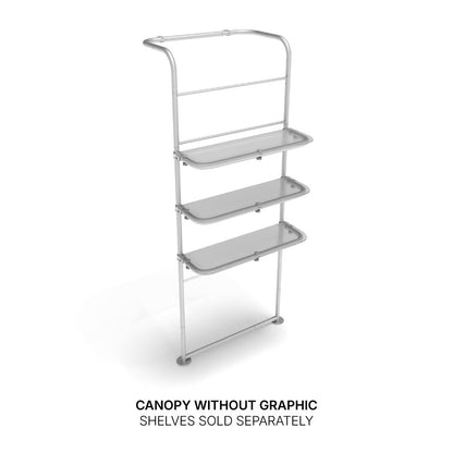 Trade show canopy display frame with three detachable shelves for exhibitions and special events