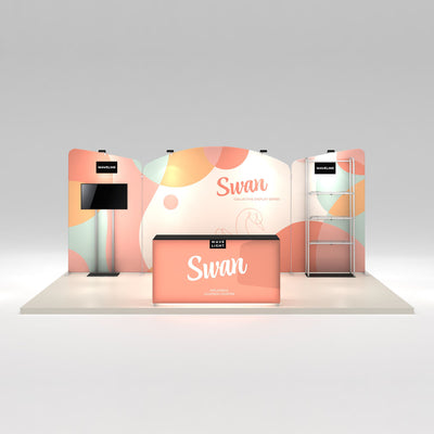 Trade show display featuring Swan inflatable lightbox counter, branded backdrop, and media stand