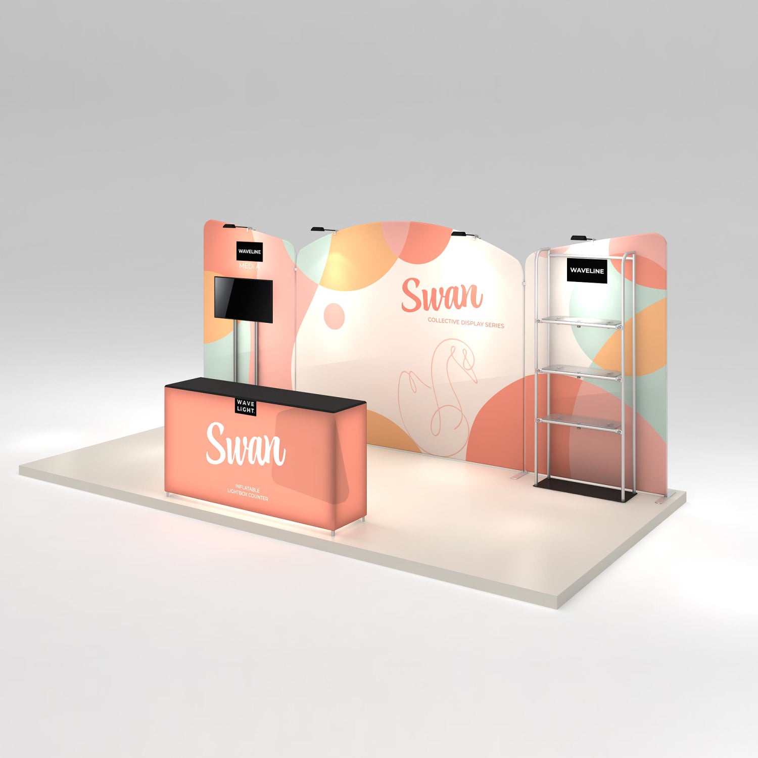 Trade show booth with branded backdrop, display shelves, counter, and mounted monitor for exhibitions