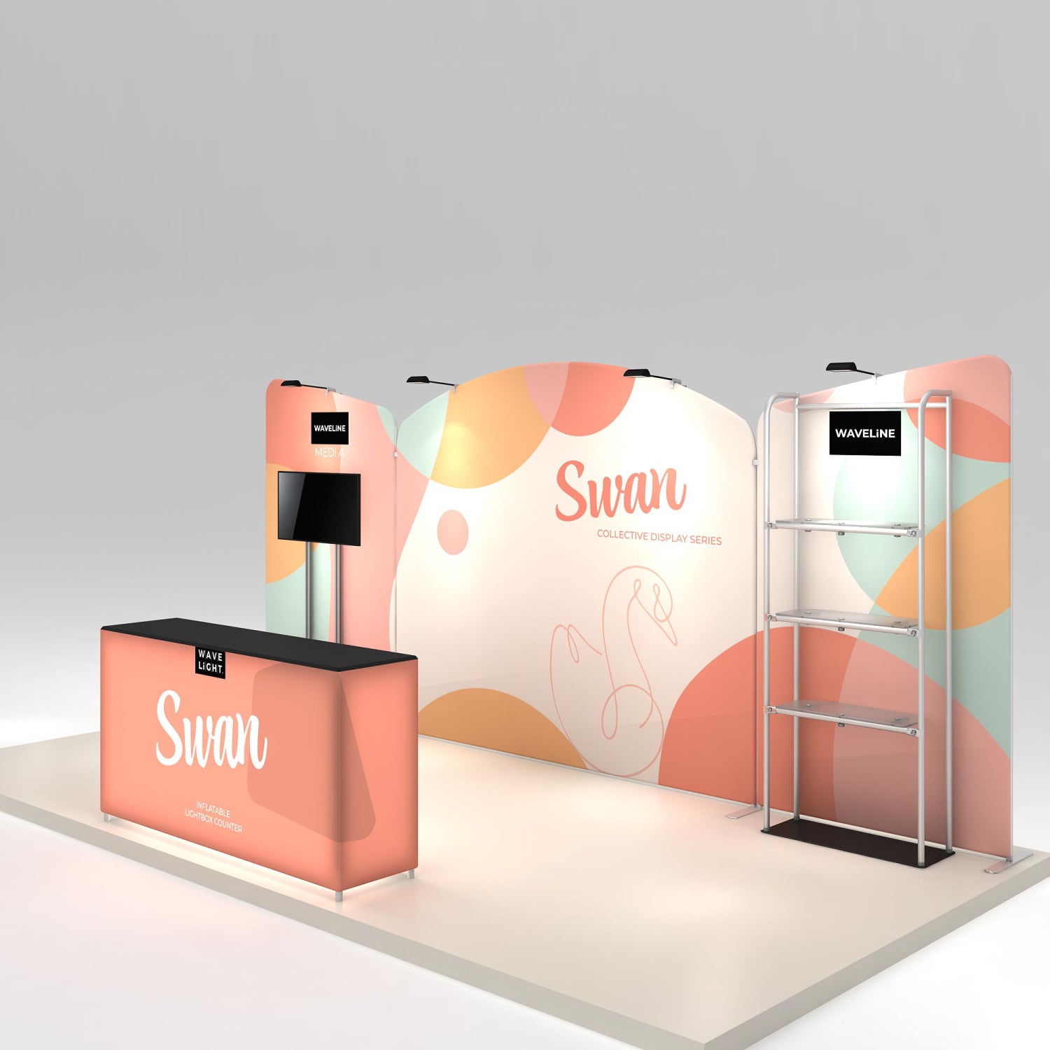 Trade show display booth with lightbox counter, media stand, and shelving from Swan collection