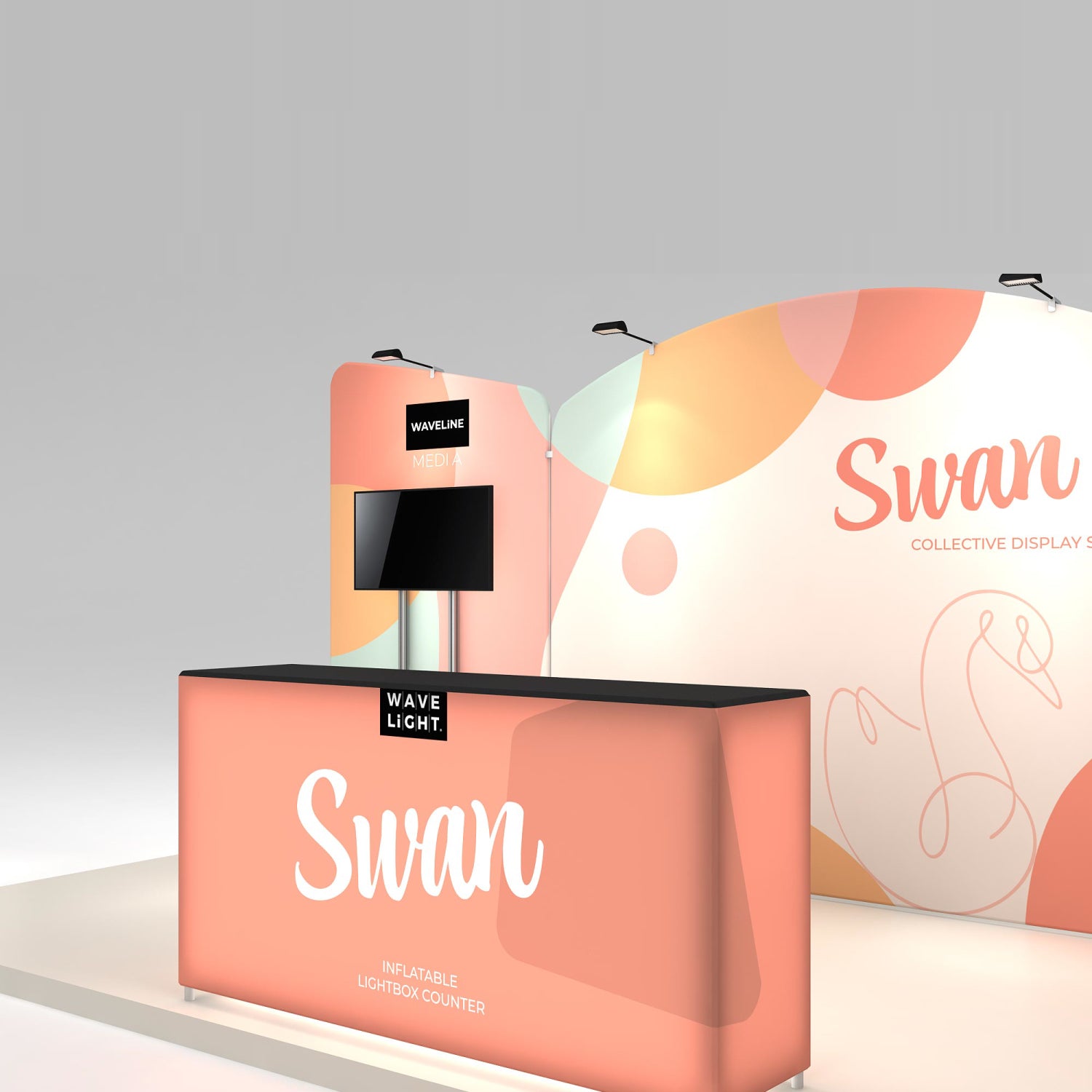 Trade show exhibition display with inflatable lightbox counter and curved backdrop featuring branding and a monitor