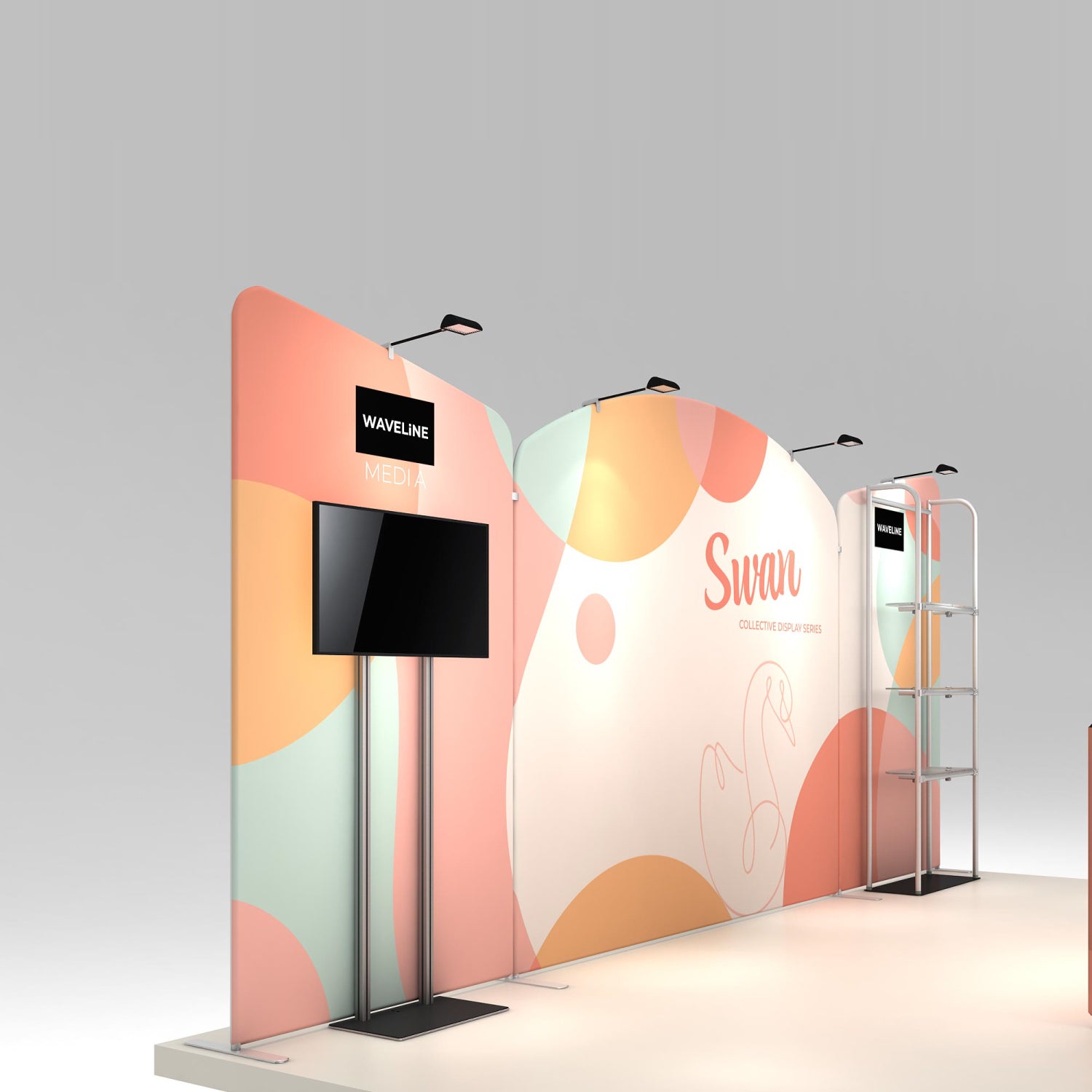 Trade show display booth with curved backdrop, media screen stand, shelving unit, and overhead lights for exhibitions