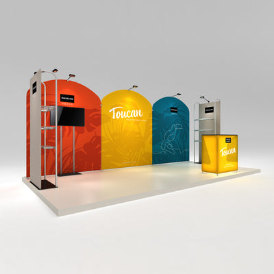 Trade show display featuring modular tension fabric panels and illuminated counter for exhibitions