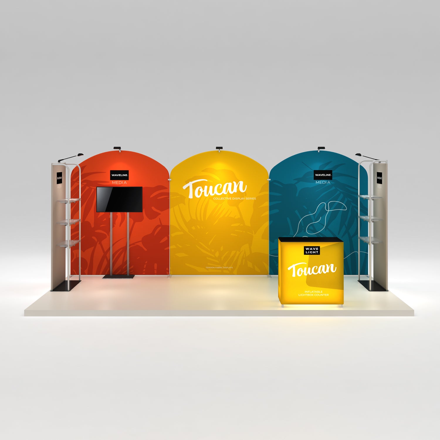 Trade show display with three arched fabric panels and an illuminated lightbox counter at exhibition booth