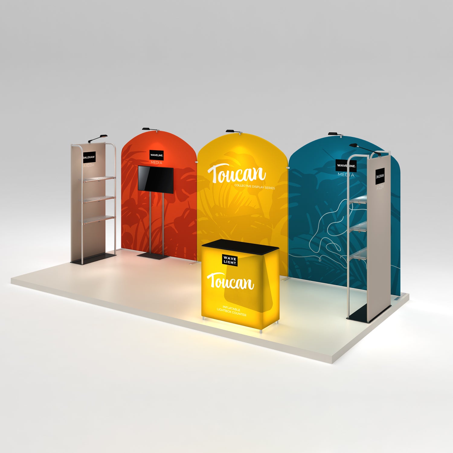 Modular trade show booth with curved backdrop panels, lightbox counter, shelves, and monitor display