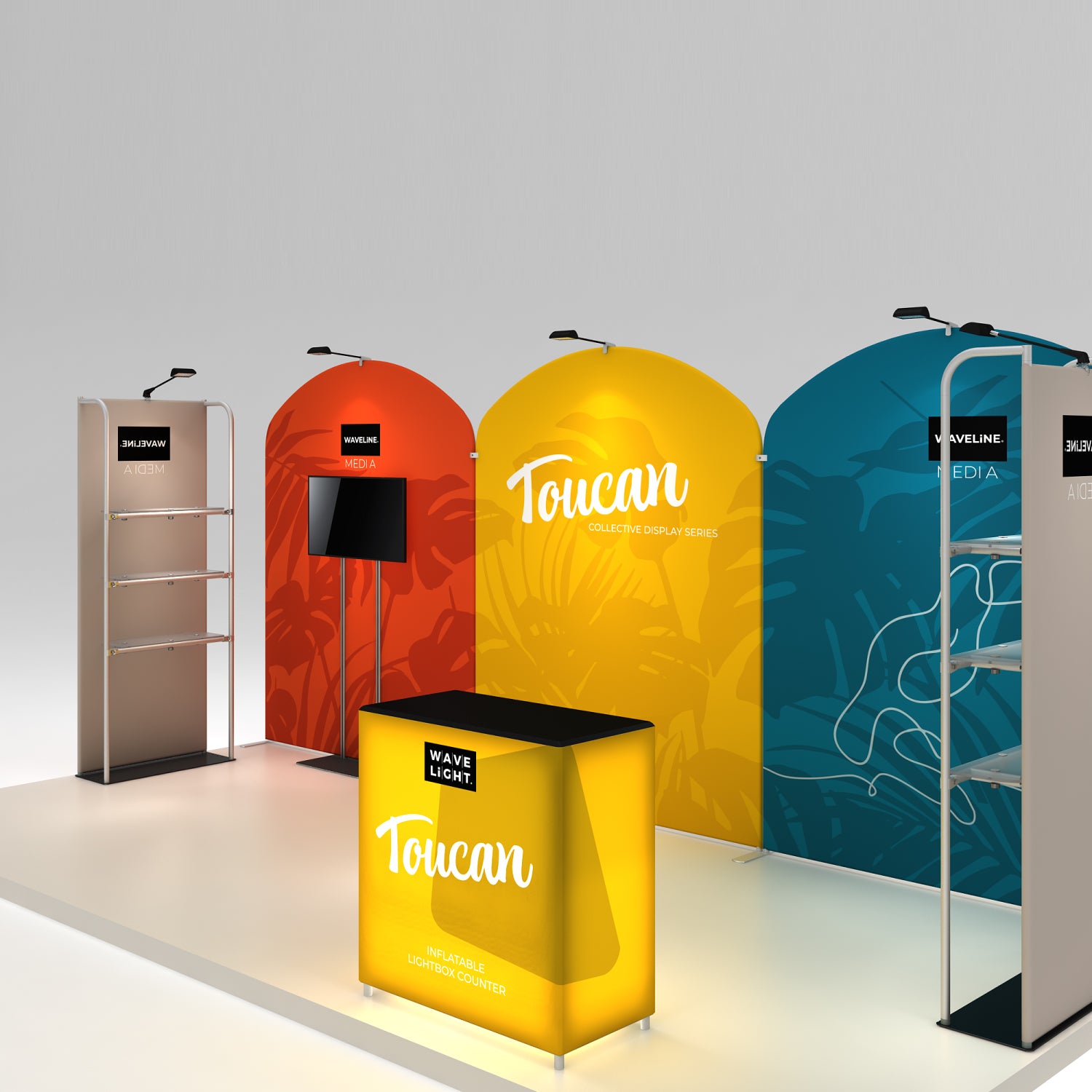 Trade show display featuring inflatable lightbox counter and modular backdrop panels with media stands