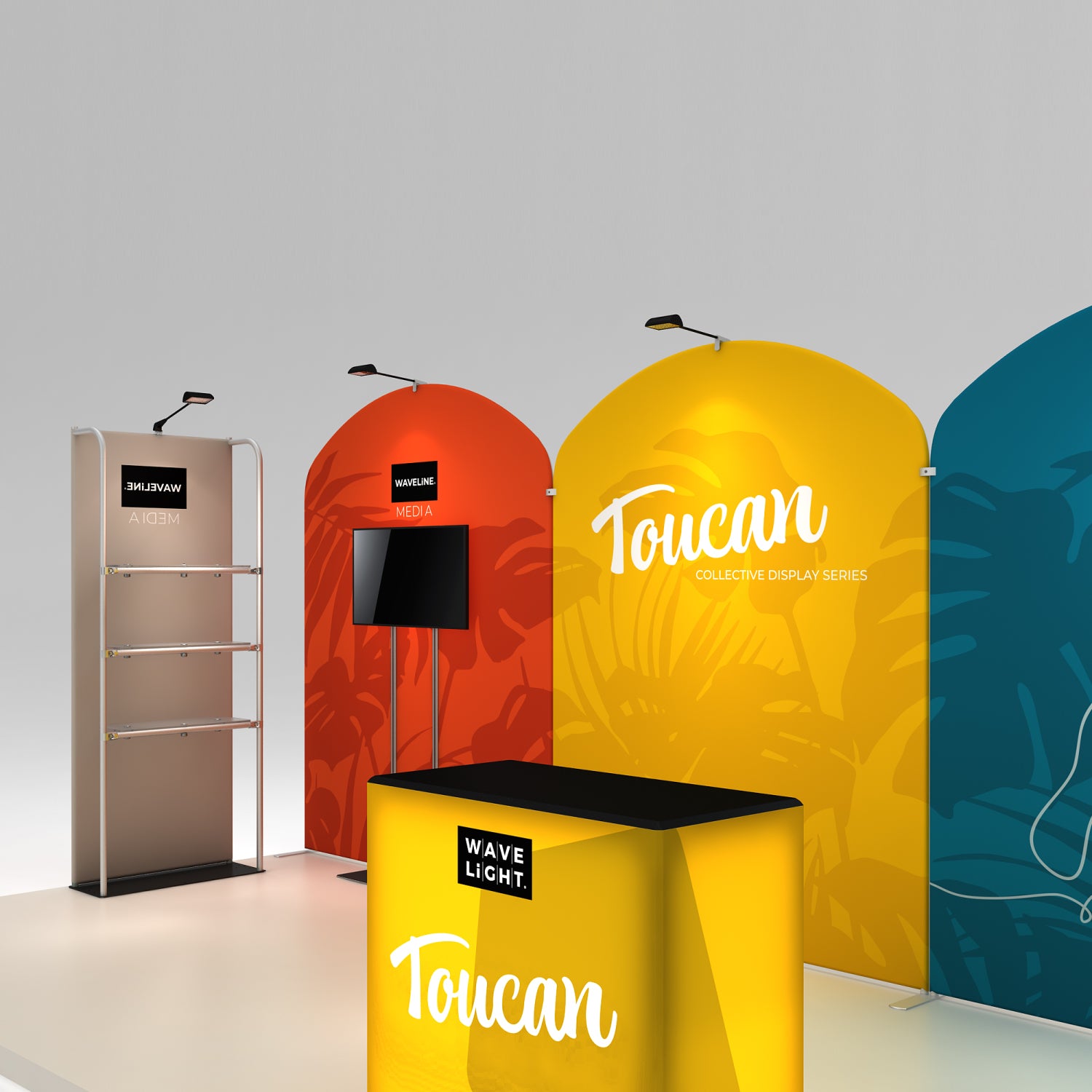 Trade show display with Toucan collective series backdrop, media stand, and illuminated reception counter
