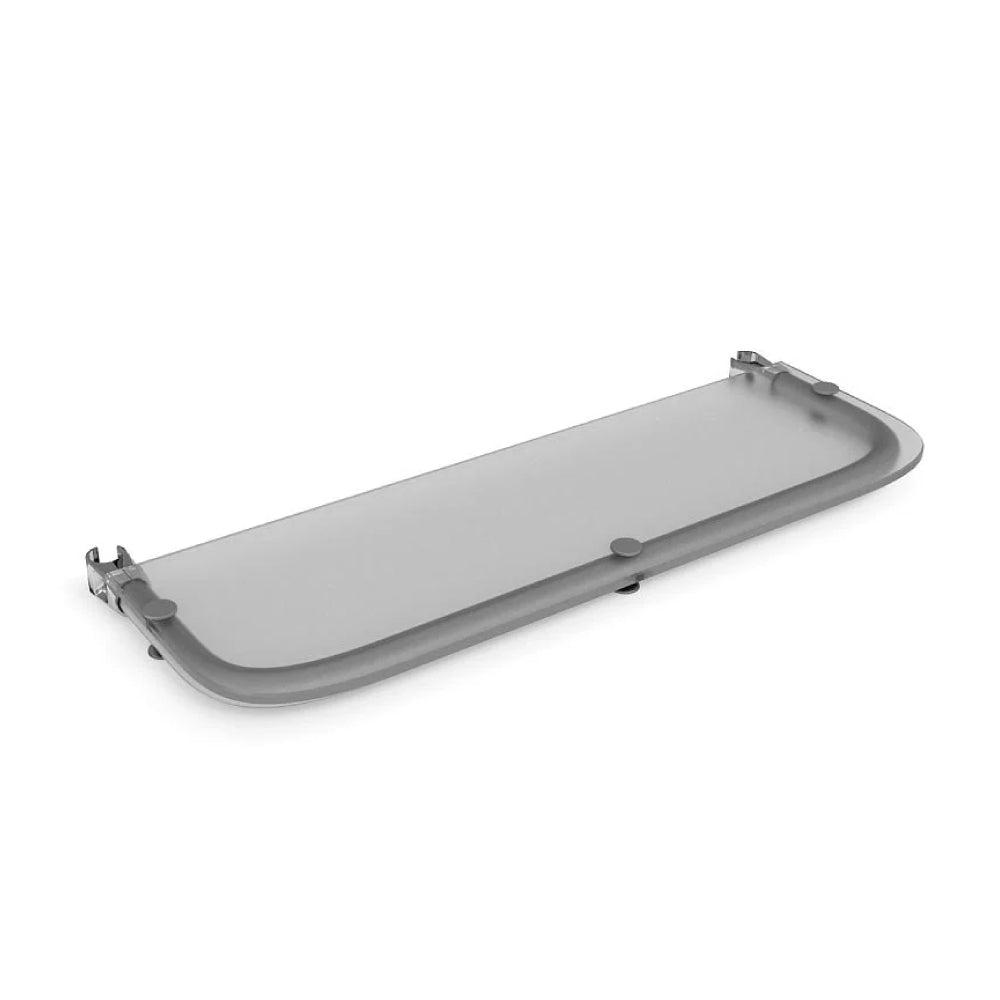 Slim rectangular trade show shelf accessory with rounded edges for exhibition display setups