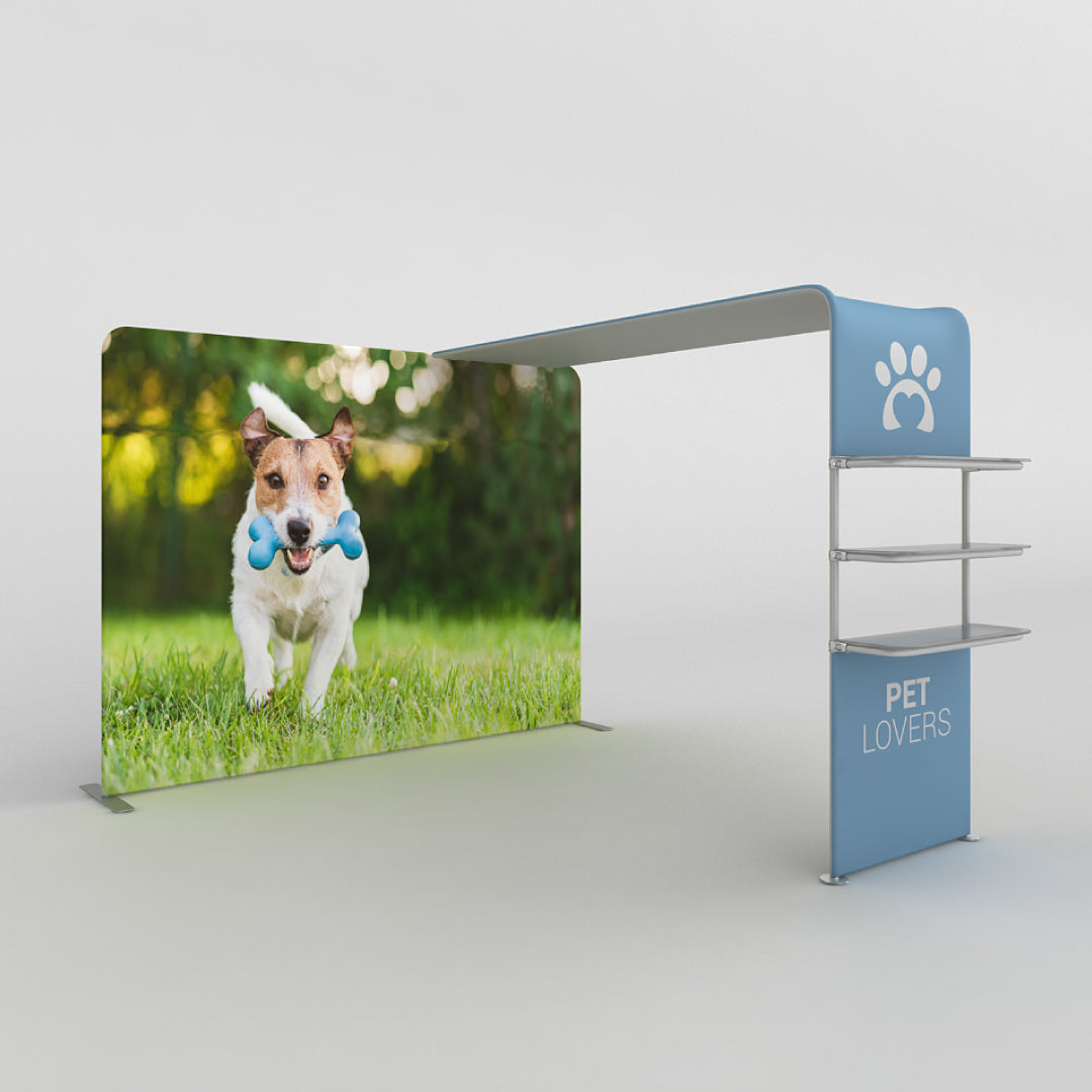 Trade show canopy booth with shelving and large printed backdrop featuring a dog for pet lovers events