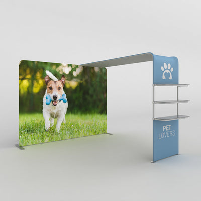 Trade show canopy booth with shelving and large printed backdrop featuring a dog for pet lovers events