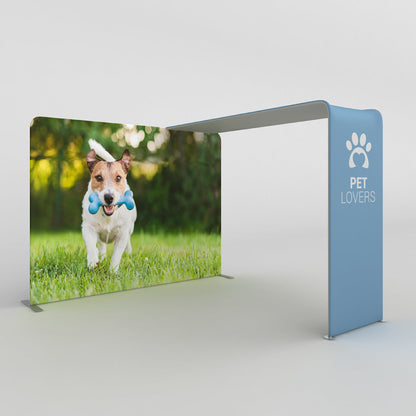 trade show canopy and wave line backdrop with pet lovers branding featuring a dog running with toy