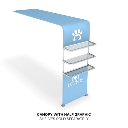 Trade show canopy with half graphic featuring pet lovers design and integrated display shelves