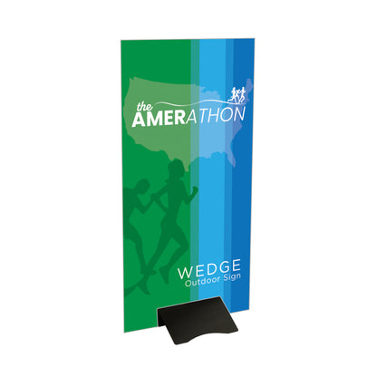 Wedge outdoor sign with marathon event graphics for trade shows and exhibitions