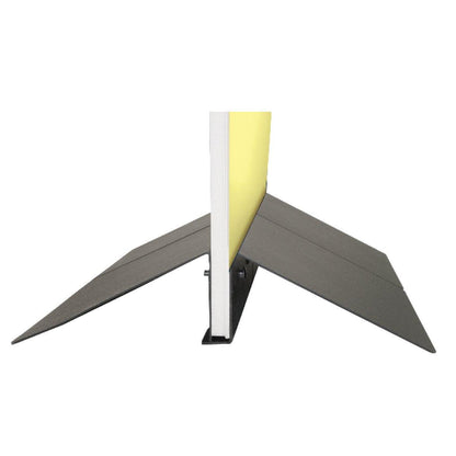 Sturdy wedge sign holder base supporting display panels for trade shows and exhibitions