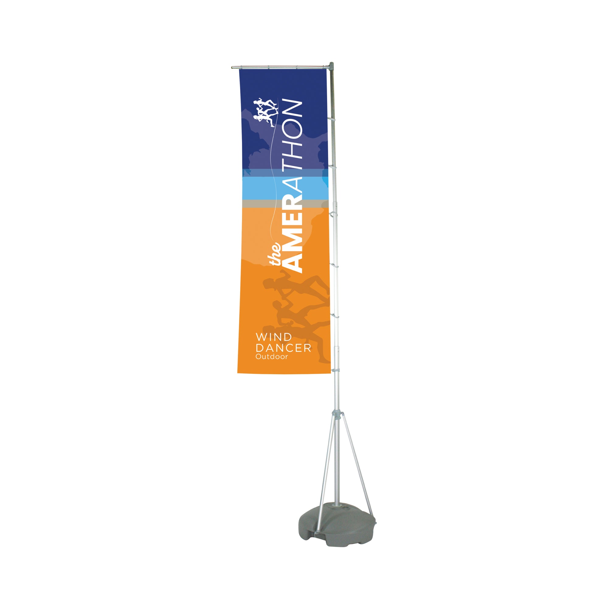 Tall outdoor advertising banner stand for trade shows and special events with marathon theme