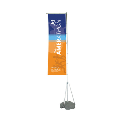Tall outdoor advertising banner stand for trade shows and special events with marathon theme