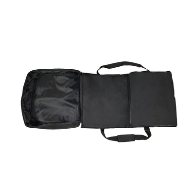 Folded trade show exhibition bag with multiple compartments and carrying straps for easy transport