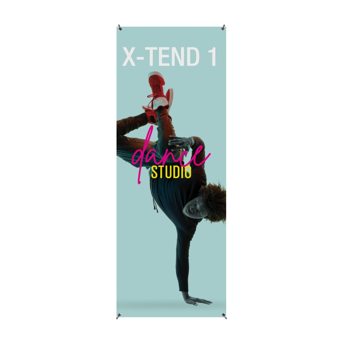 Tall banner stand featuring a dynamic dancer promoting a dance studio for trade shows and events
