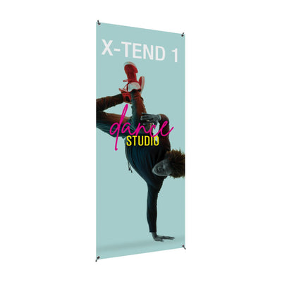 Trade show banner stand displaying dynamic dance studio advertisement with breakdancer image for exhibitions
