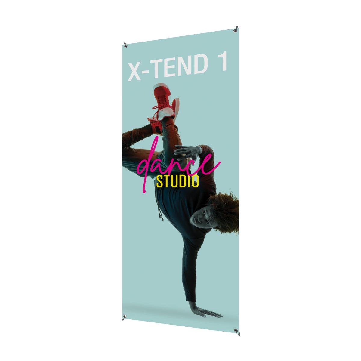 Tall banner stand featuring dynamic dance studio advertisement for trade shows and exhibitions