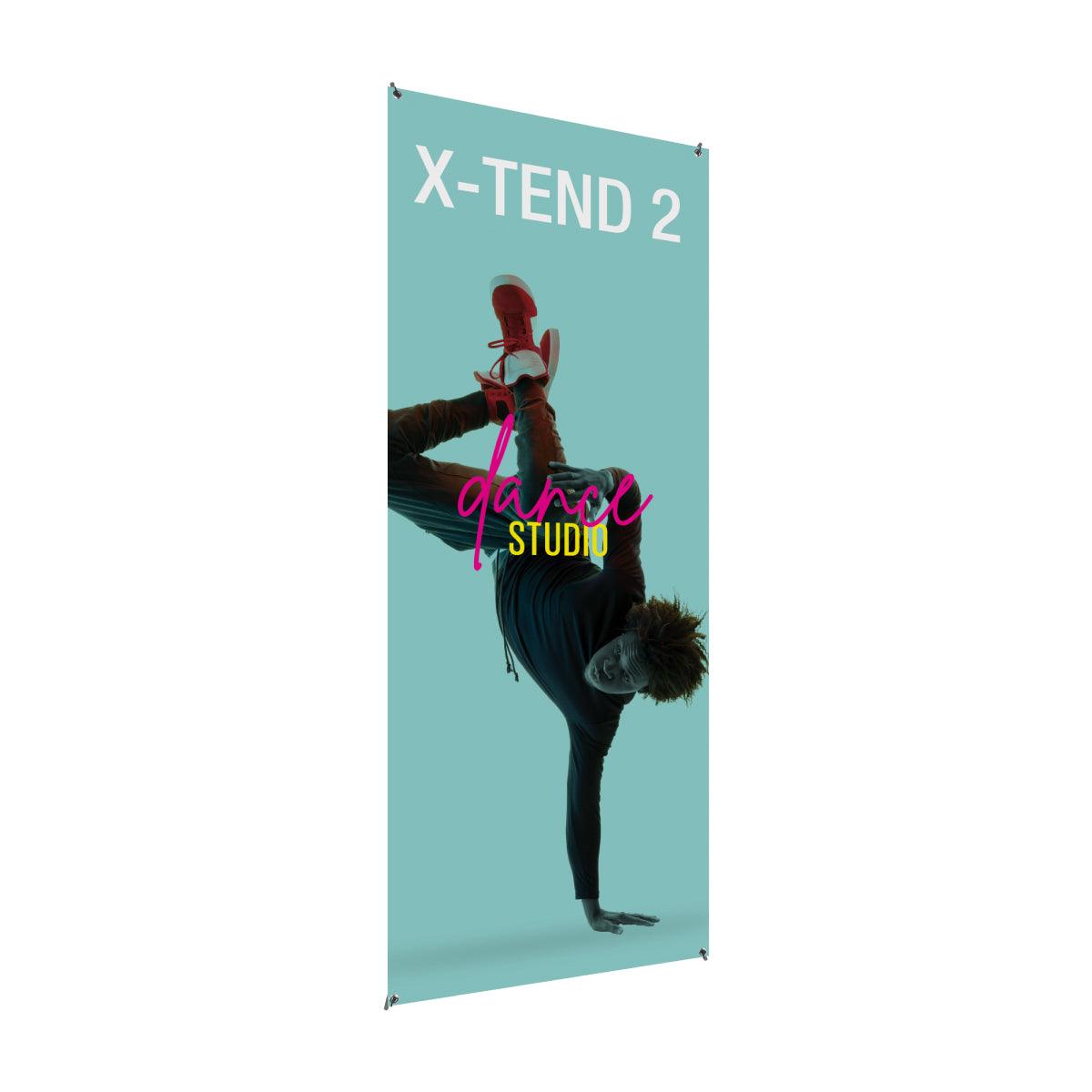 Vertical banner stand featuring breakdancer image and text for trade shows and special events