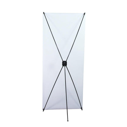 X-banner stand for trade shows and exhibitions with stretchable support rods and blank display area
