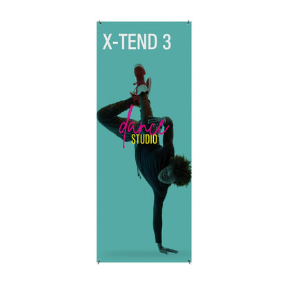 Trade show banner stand with dynamic dancer and studio text for exhibitions and special events