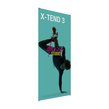 Vertical banner stand with dance studio advertisement featuring a breakdancer for trade shows and events