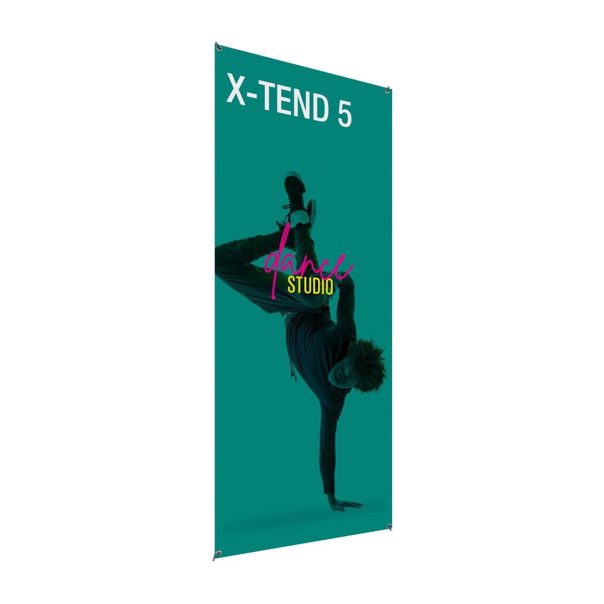 Tall banner stand for trade shows showcasing a dancer in dynamic pose with X-TEND 5 and dance studio text