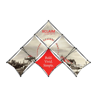 Xclaim fabric pop-up display with pyramid design for trade shows, featuring bold graphic and text